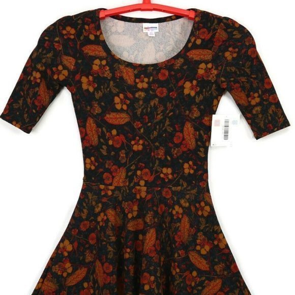 LuLaRoe Nicole Fit‎ & Flare A-Line Dress Black Gold Mustard Red Floral Leaves XS - Picture 5 of 12